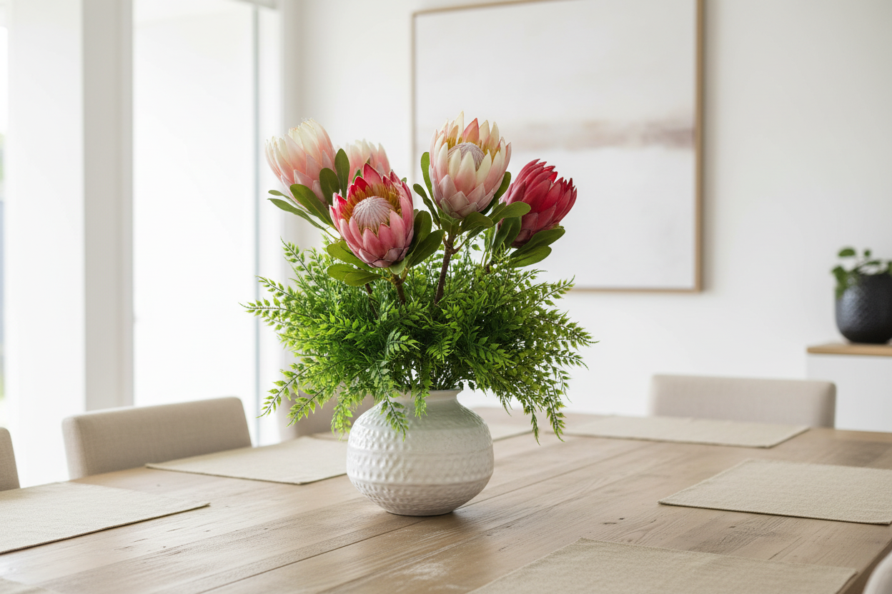 Dining table – Mediterranean stems as filler around Proteas