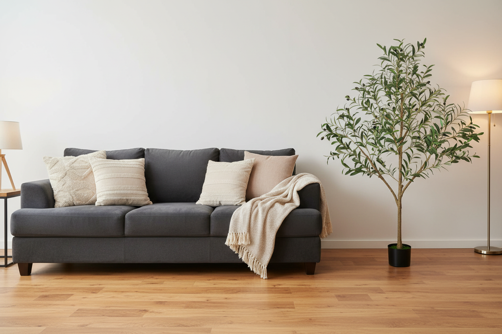 Family Room - Tree Beside Sofa Arm