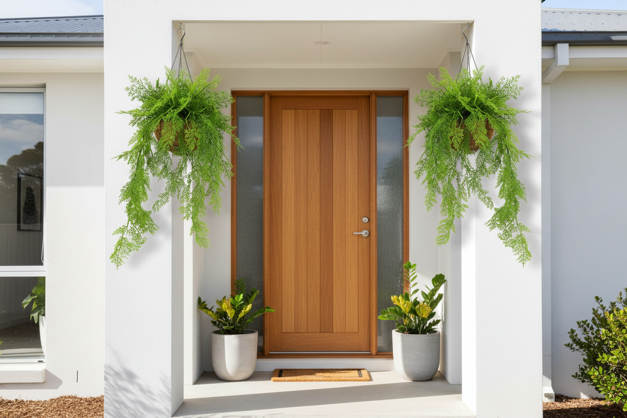 Front porch – pair of maidenhair baskets flanking front door