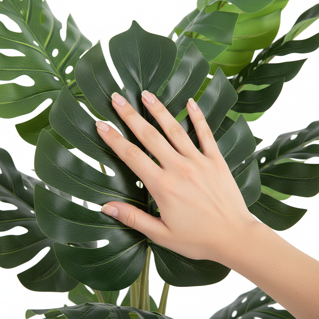 Hand touching Monstera leaf