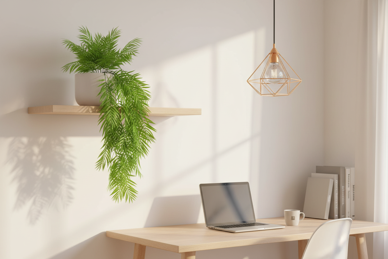 Home office – bamboo leaf plant cascading from high shelf