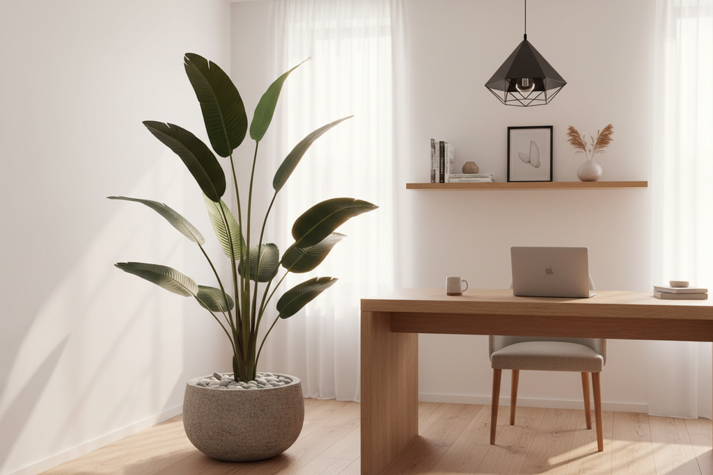 Home office – banana palm in stone planter