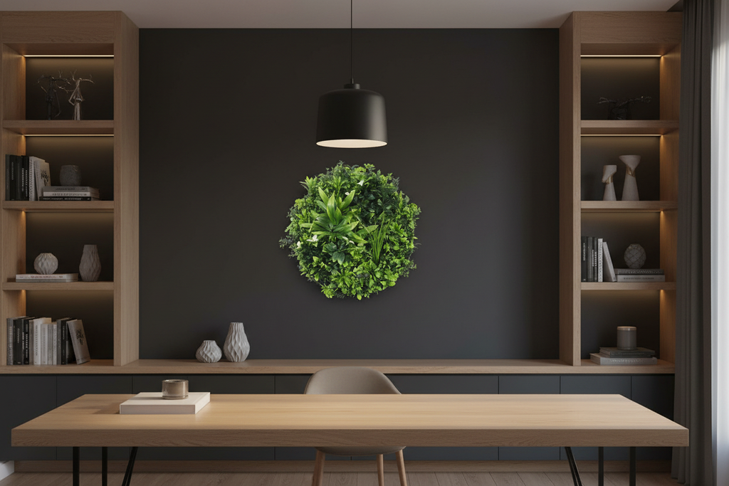 Home office – disc on charcoal feature wall