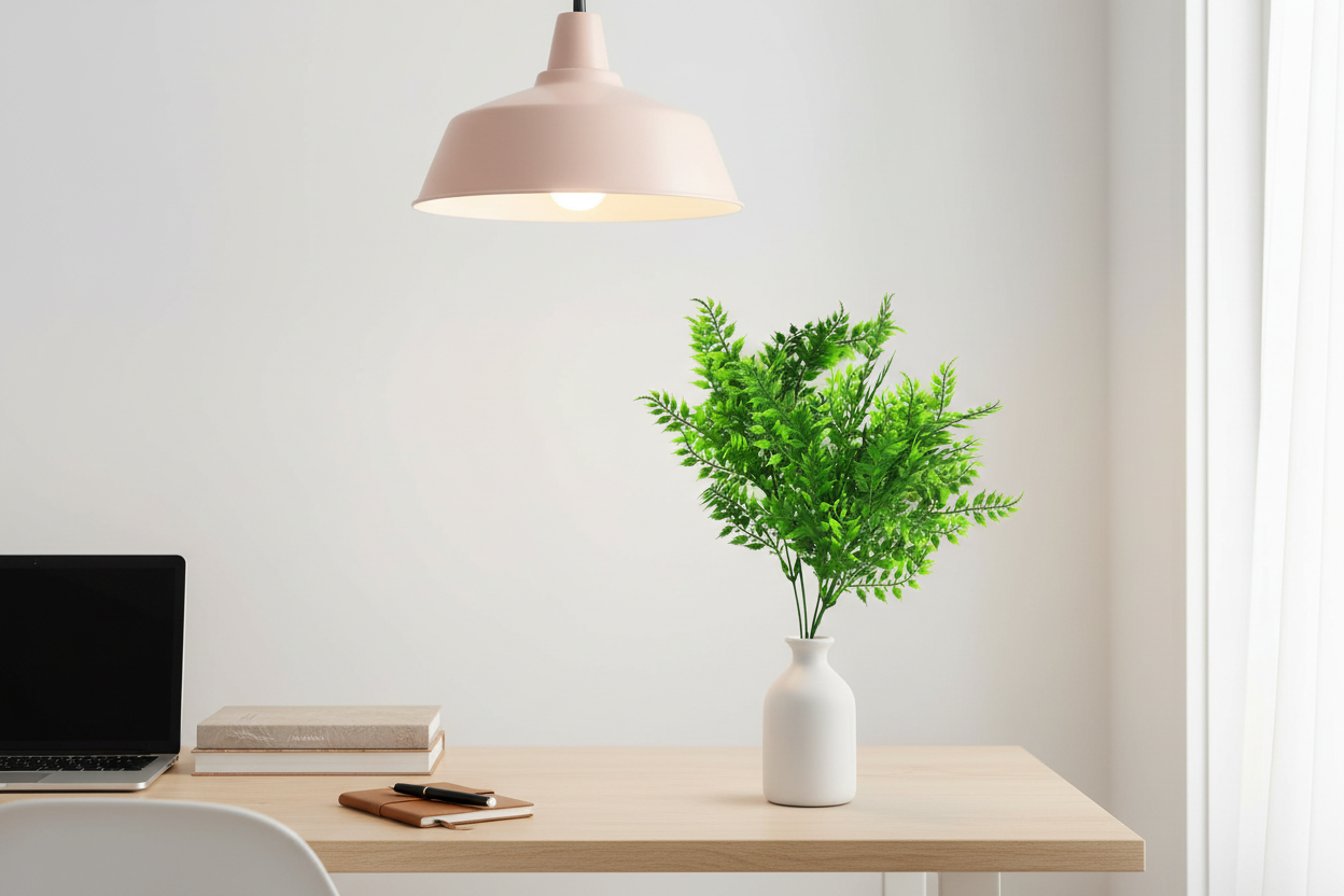 Home office – stems in small vase on timber desk