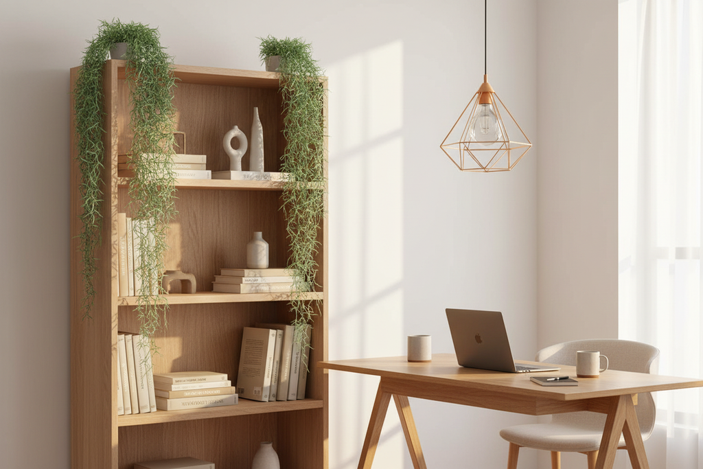 Home office – vines cascading down tall bookshelf