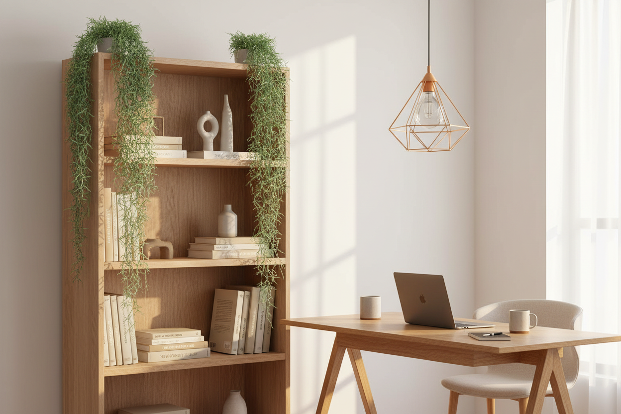 Home office – vines cascading down tall bookshelf