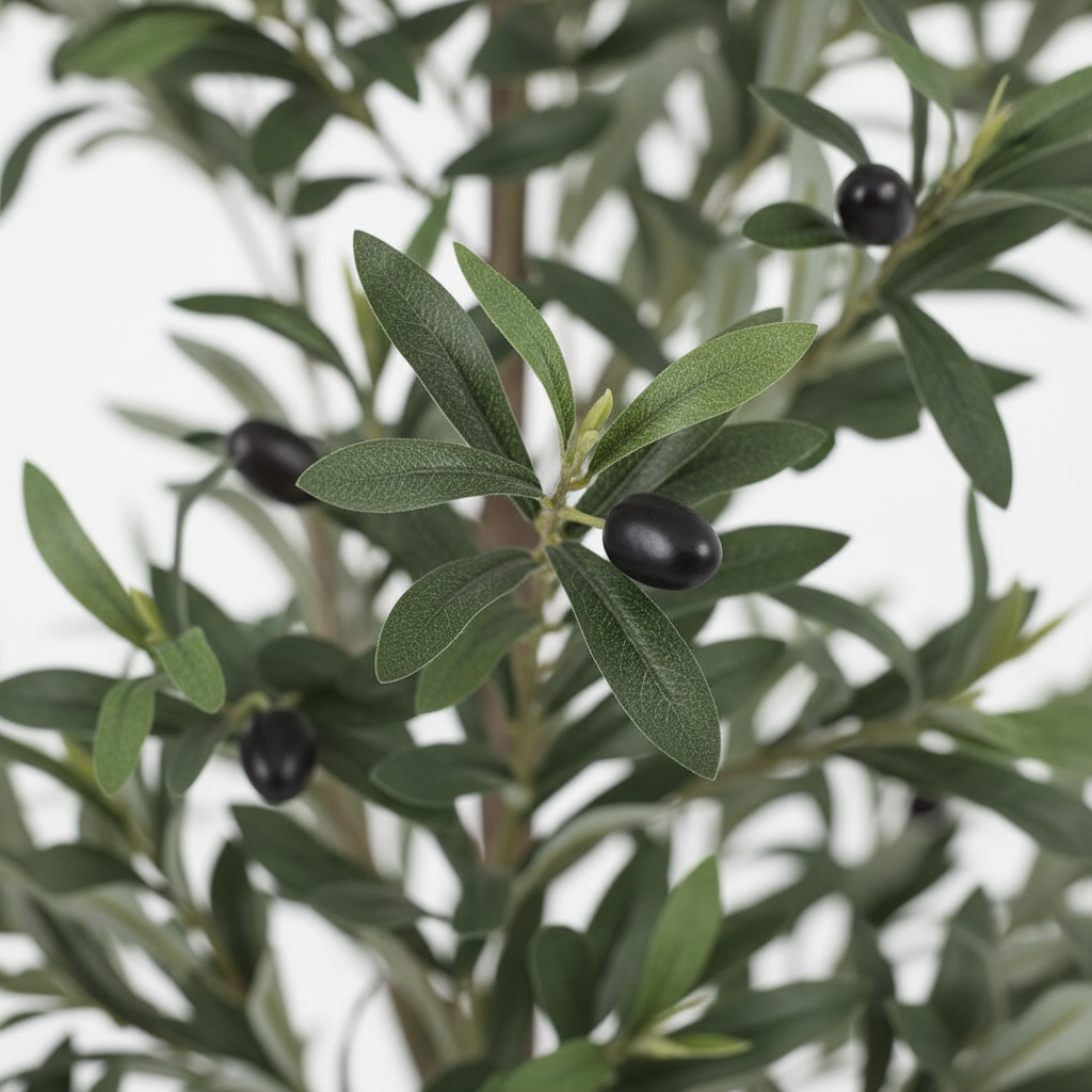 Leaves and black olive fruit close-up