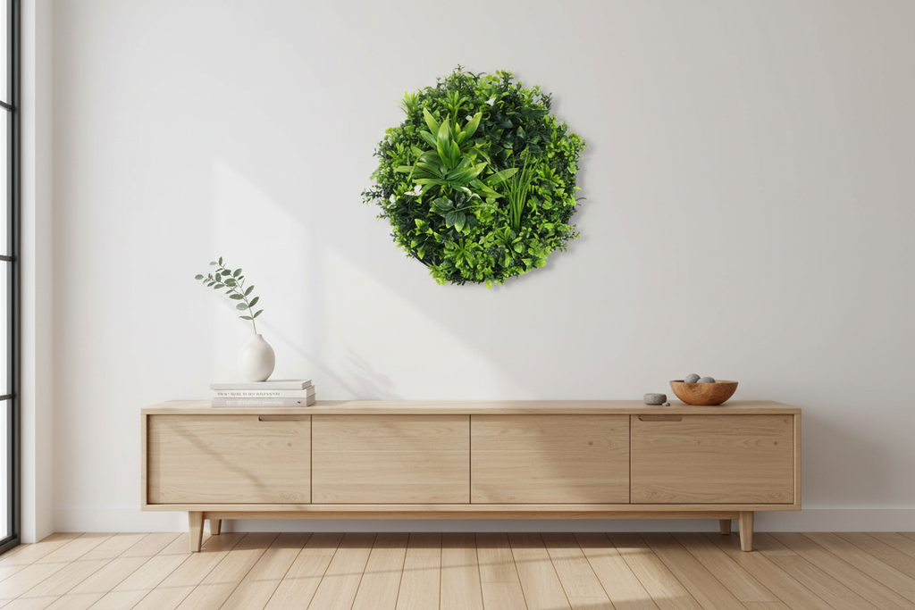 Living room – 75cm black disc above timber sideboard