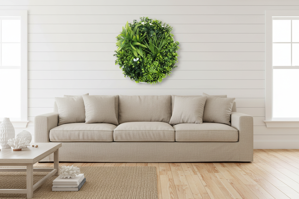 Living room – 75cm white disc on shiplap wall