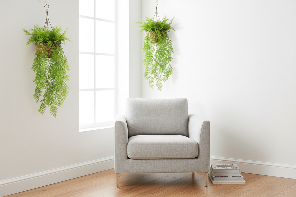 Living room – basket in quiet corner, fronds backlit