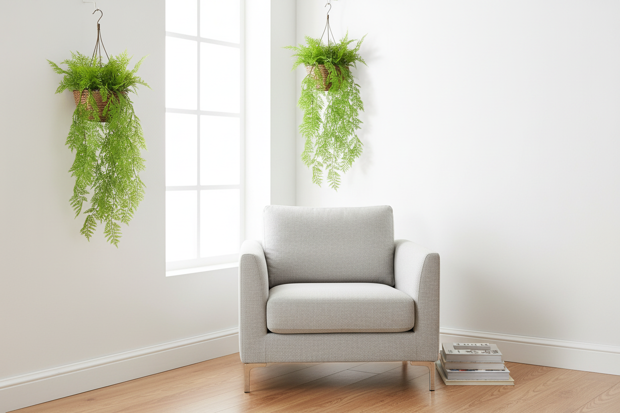 Living room – basket in quiet corner, fronds backlit