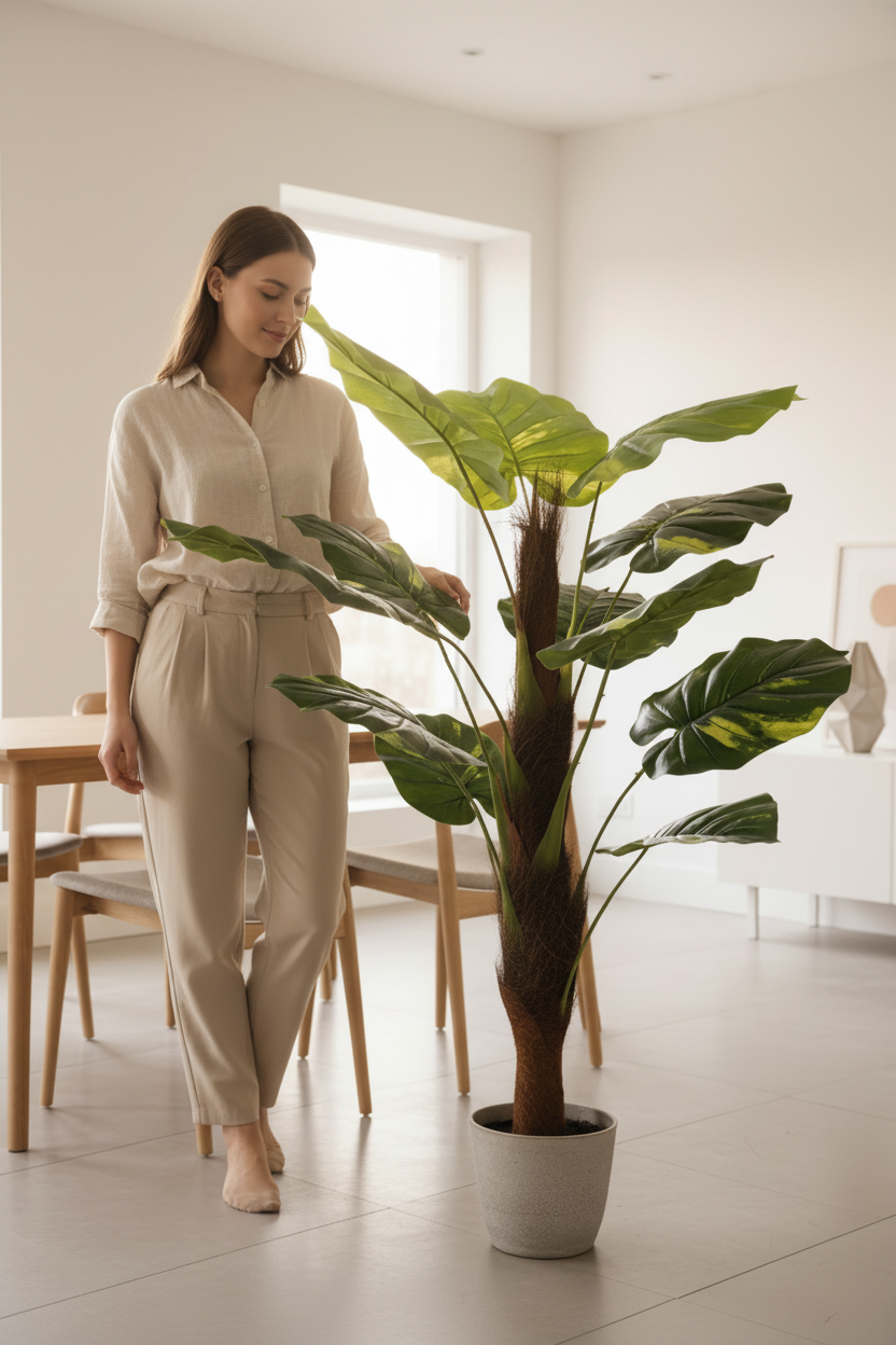 Living room corner with person