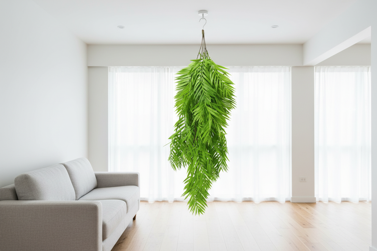 Living room – single bamboo leaf plant from ceiling hook