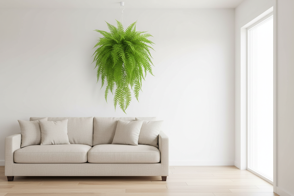 Living room – single fern hanging from ceiling hook