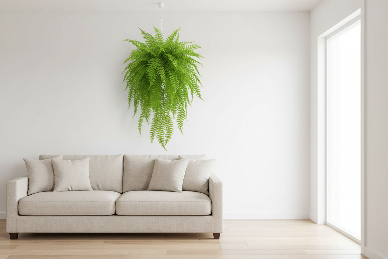Living room – single fern hanging from ceiling hook