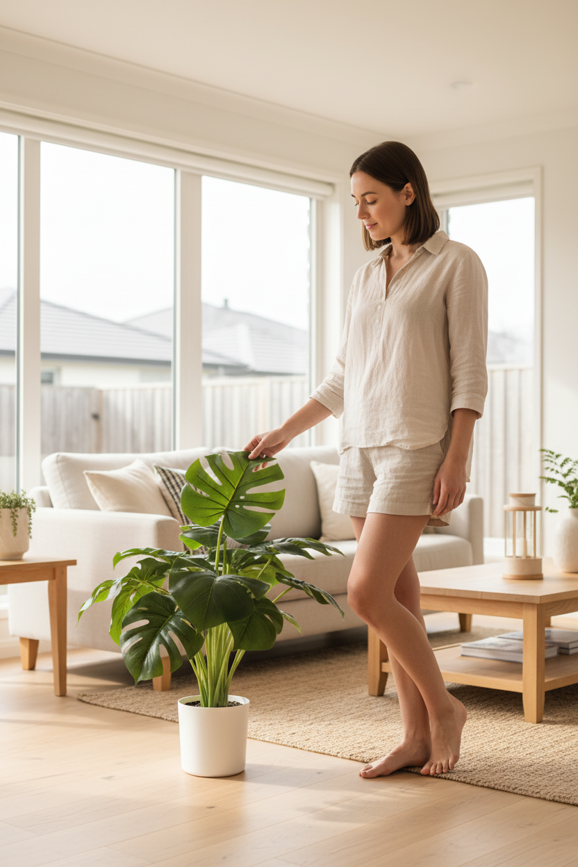 Natural pose touching plant