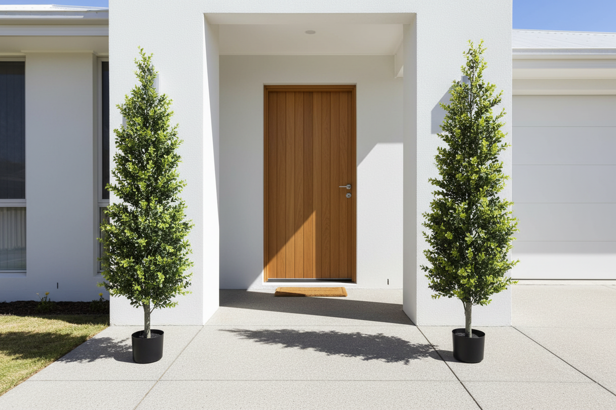 Pair of Topiary Trees flanking Modern Australian Home Entrance
