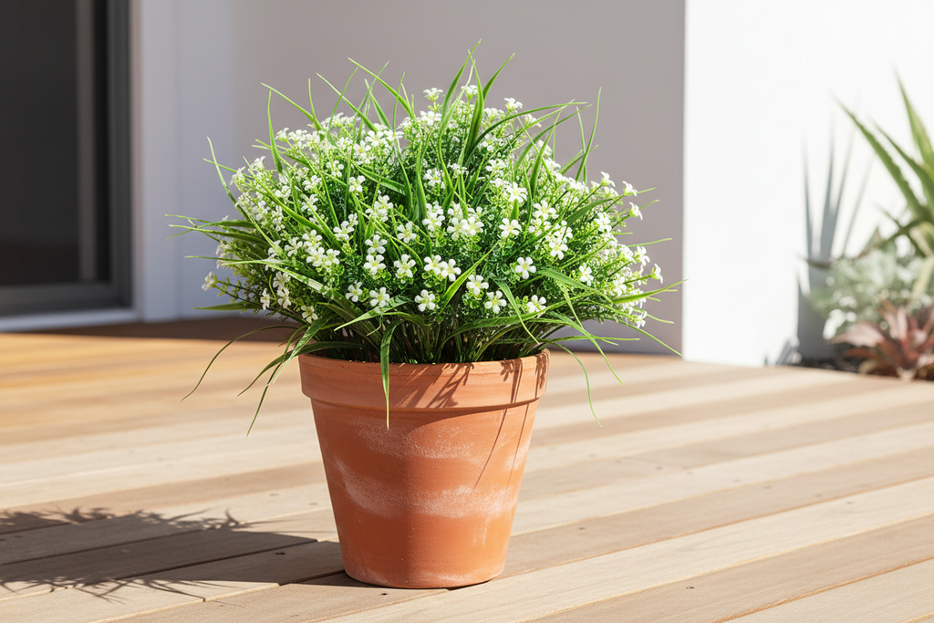 Patio – cluster of daisy grass stems in terracotta pot