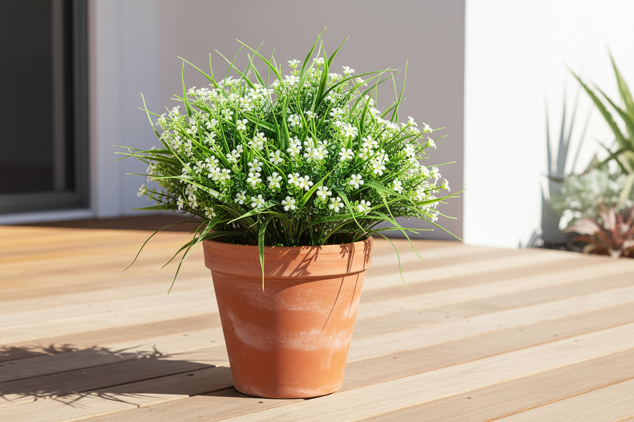 Patio – cluster of daisy grass stems in terracotta pot