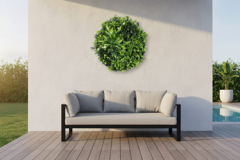 Patio – disc above black outdoor sofa at golden hour
