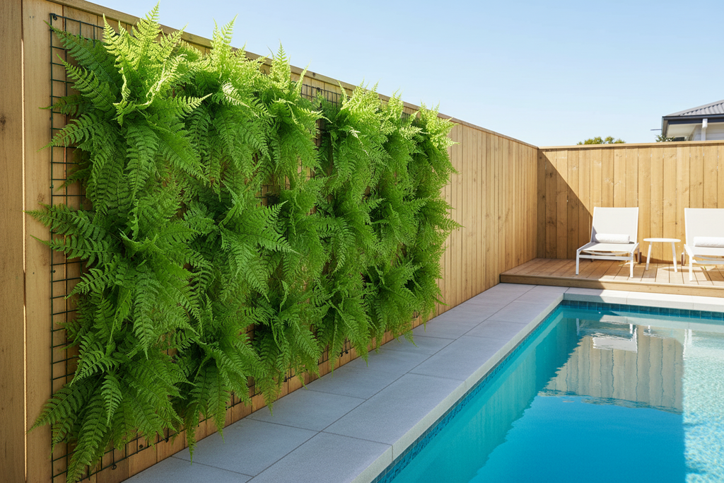 Poolside – layered ferns as 3D green wall on pool fence