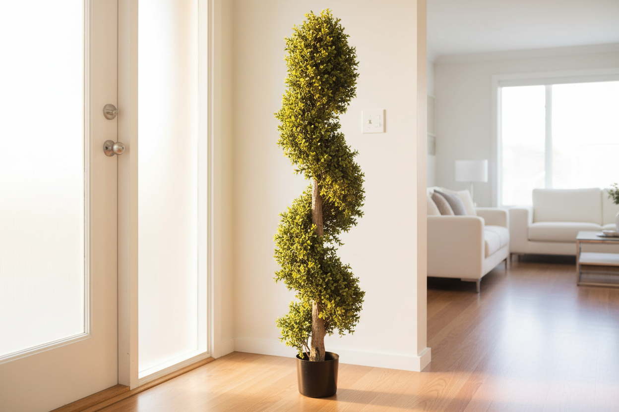 Topiary Spiral Tree in Modern Australian Living Room