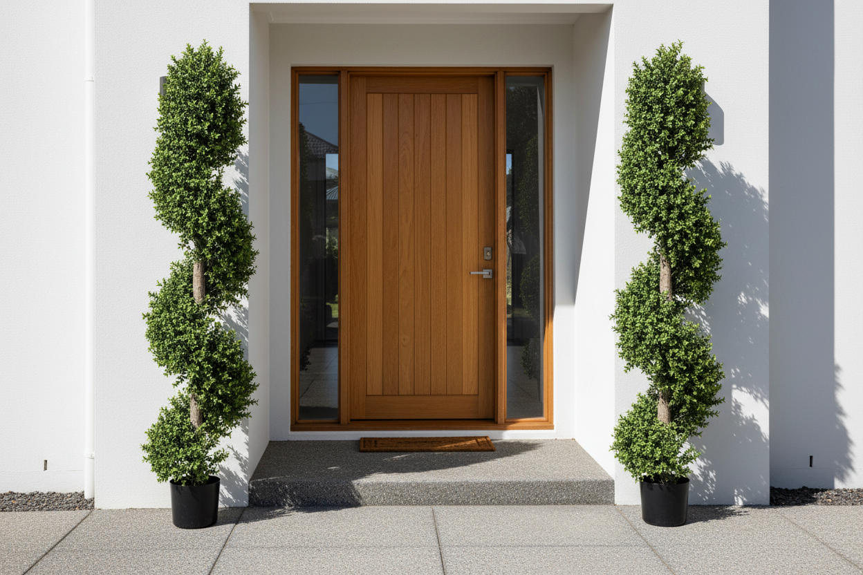 Topiary Spiral Trees flanking Modern Australian Home Entrance