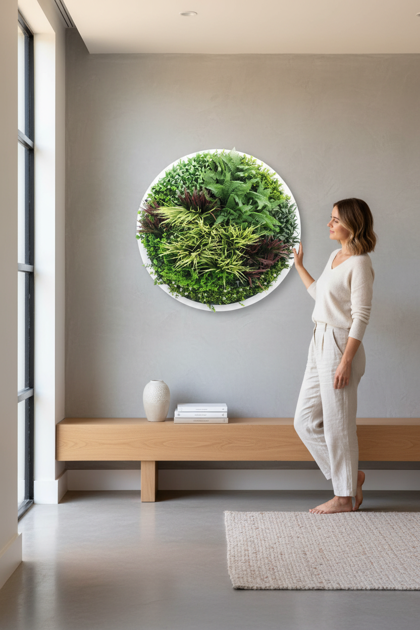Woman beside wall disc
