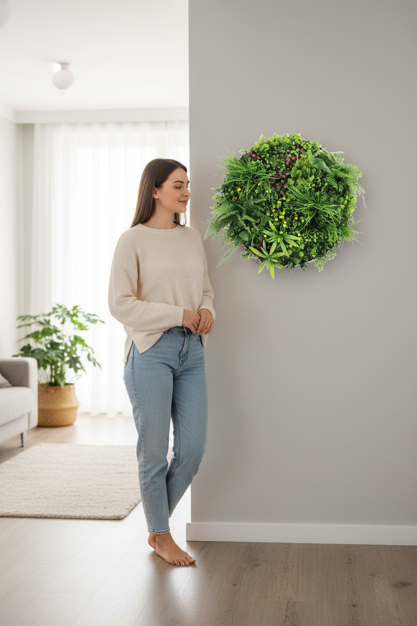 Woman beside white 80cm disc