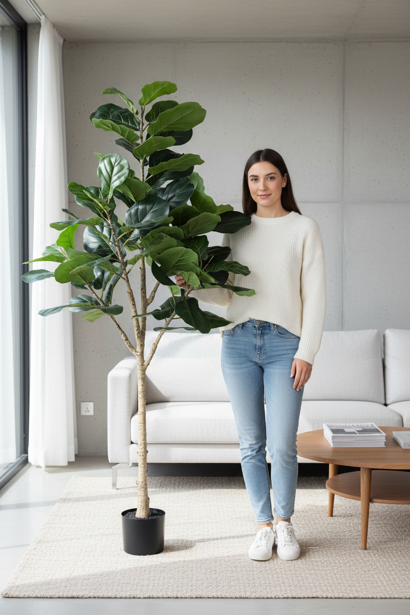 Woman standing next to 180cm artificial fiddle leaf fig tree for scale